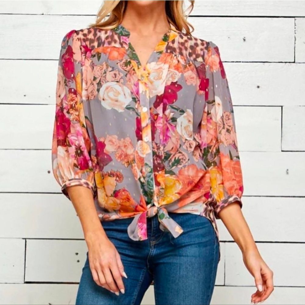 Fig & Flower Cecelia Floral Animal Mixed Print Chiffon Blouse Top Women's M